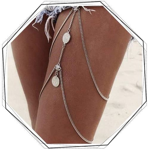 Flovel Boho geschichtete Körperkette Silbermünze Anhänger Oberschenkelketten elastische Beinkette Rave Beinschmuck für Frauen Mädchen