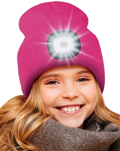 Deilin Strickmütze Beanie mit Licht Junge Mädchen Winter Warmer Mütze Hut mit 4 LEDs Licht Wärmer Strickkappe USB Aufladung Erntedankfest Festival Geschenke für Kinder, Rosenrot