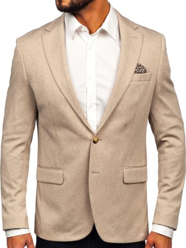 BOLF Herren Blazer Sakko Suitjacke Anzugjacke für Männer Business Reverskragen Knöpfe Anzug Freizeit Sportlich Modern Hochzeit Elegant Party Slim Fit 24401 Beige 4XL [1A1]