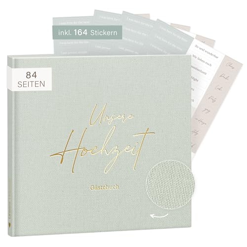 mintkind® Gästebuch Hochzeit Salbei - Hochzeitsbuch, 84 Seiten für kreative Einträge, inkl. 4 Stickerbögen - Hochzeitsgeschenk für Brautpaar, Hochzeit Deko, Goldene & Silberne Hochzeit
