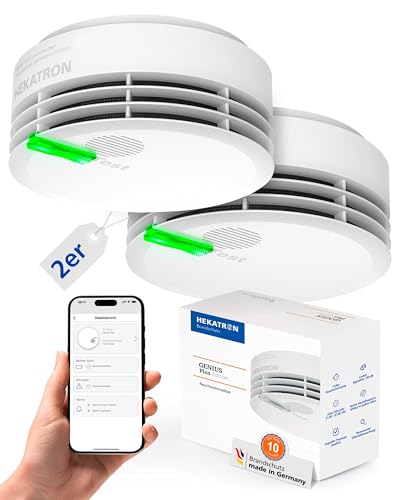 Hekatron Genius Plus – Rauchmelder 10 Jahre Batterie – Testsieger Stiftung Warentest – Made in Germany – inkl. 2X Klebepad – App-unterstützt – Feuermelder – mehrsprachig – 2 Stück