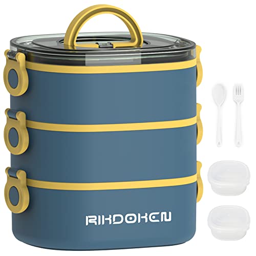 RIKDOKEN Bento Box Lunchbox, stapelbare 3-lagige Behälter, tragbare 2.6 l große Kapazität, auslaufsichere Bento-Box mit Löffel, mikrowellengeeignet, Lunchbox für Kinder und Erwachsene