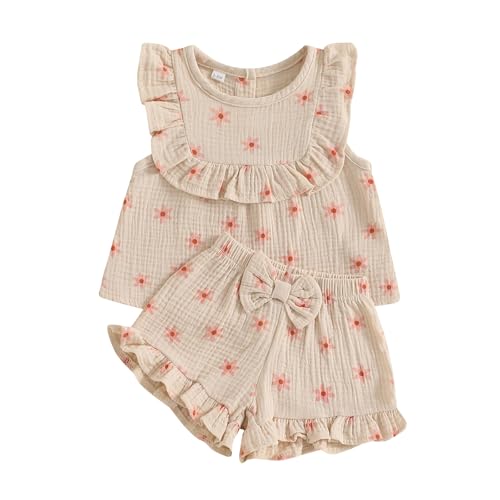 Beauace Baby Mädchen Musselin Kleidungset Kurzarm Oberteil+ Shorts Rüschen Babysets Schleife und Blumenmuster Bekleidungssets für Neuergeborene (Khaki, 6-12 Monate)