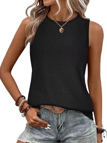 BAISHENGGT Damen Tank Tops Sommer Rundhals Ärmellos Ausgehöhlt Basic T Shirt Oberteile Schwarz M