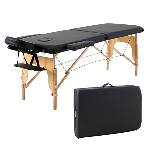 Panana Massageliege 2 Zonen Mobile Massagetisch Klappbar Tragebares Massagebett höhenverstellbar aus Holz Massagebank mit Kopfstütze & Armlehnen & Tasche 213 × 82 x 81 cm (Schwarz)