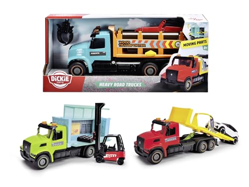 Dickie Toys - Heavy Road Truck (22 cm) - 1 Volvo VHD 300 Spielzeugauto mit Friktion (Holztransporter, Abschlepp-Set ODER Container-Transporter), Auto-Spielzeug für Kinder ab 3 Jahre, 3-Fach Sortiert