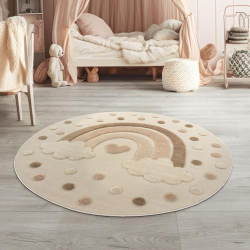 TT Home Kinderteppich Kinderzimmer Teppich Spielteppich Kurzflor Sonne Flauschig 3D, Farbe:Dunkelcreme Creme Sand, Größe:160 cm Rund