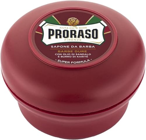 Proraso Shaving Soap inklusive Seifenschale, 150 ml, nährende und feuchtigkeitsspendende Rasierseife für Herren mit Sandelholz & Sheabutter, Made in Italy, Rot