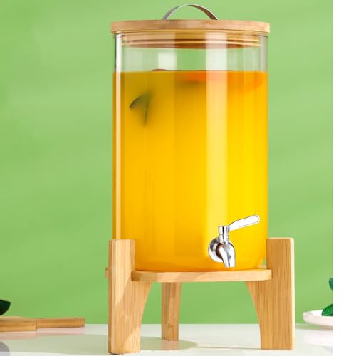 Getränkespender mit Ständer, 10L Getränkespender aus Glas mit rostfreiem Wasserhahn, Getränkespender mit Bambusständer, Eiskalt- oder Heißgetränkespender für Partys