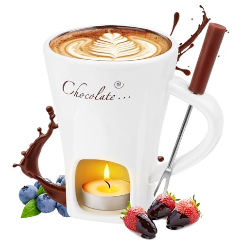 Schokofondue Tasse Keramik Schokoladenfondue mit Gabeln, Schoko Fondue Tasse für Käse,Schokolade,Butter und Karamell