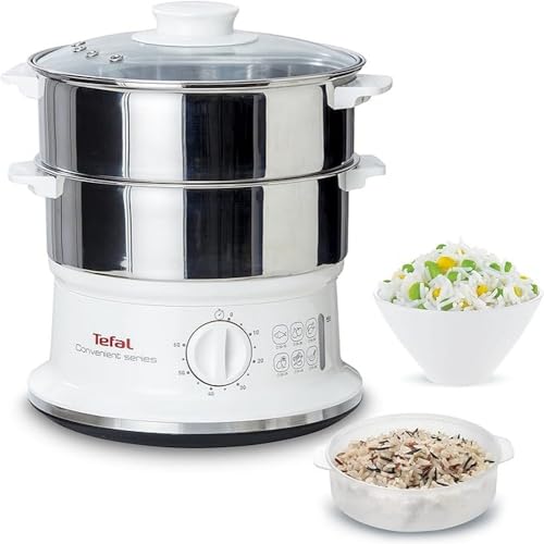 Tefal Dampfgarer VC1451 | 2 Edelstahlbehälter | 6L Fassungsvermögen | 24cm Durchmesser | Timer und automatische Abschaltung | 900W | Weiß