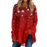 SCBFDI Weihnachtshemd Lustig Weihnachtsshirt Damen V Ausschnitt Schulterfreies Oberteil Damen Weinachts Pulli Damen Skelett Shirt Damen Pullover mit Bluseneinsatz Damen Fee Kostüm Rot 3XL