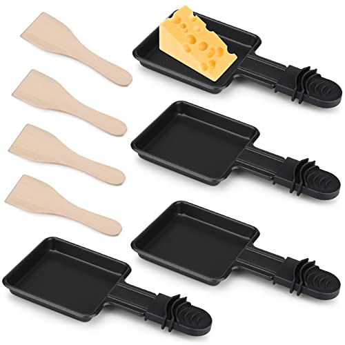 Pfännchen Mini 4 Stücke Antihaftbeschichtet Grill Pfännchen Viereckig Mini Raclette Grill mit 4 Holzschaufel für Universal Elektrogrill Käse Eier（Platz）