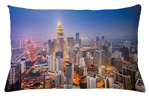 ABAKUHAUS Städtisch Kissenbezug 2er-Pack, Moderner Stadt-Skyline-Geschäftsgebiet-Wolkenkratzer ragt Kuala Lumpur Malaysia hoch, 65 x 40 cm, Orange Gelb Blau