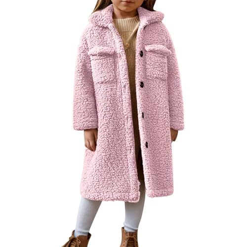 Generisch Wintermantel Mädchen Warme Übergangsjacke Casual Fleecejacke Kinder Länge Steppjacke Fleece Jacke mit Knöpfen Tasche Einfarbig Winterjacke Oversized Sweatjacke Rosa 7-8 Jahre