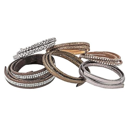 Ideen mit Herz DIY Schmuck Lederbänder zum Basteln | DIY Schmuck | 6 Stück | Je 50 cm lang | Verschiedene Breiten & Designs | Geflochten, Glitzer, Glas-Strass-Steine und Metall-Nieten (braun)