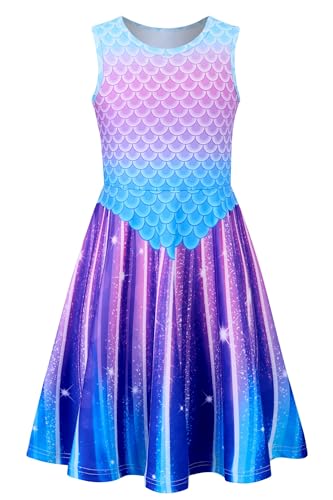 IDGREATIM Madchen Kleid A-Linie Ärmelloses Sommerkleid 3D Fischschuppen Drucken Kleid Costume Girls Beiläufig Gut Zum Feiern Lila XL