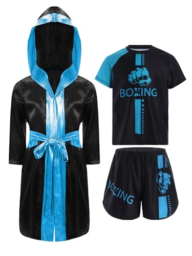 Fldy Kinder Boxen Outfit Boxmantel Boxing Shorts Kurzarm Shirt 3er Set Jungen Muay Thai Boxing Kampfsport Kleidung Himmelblau 134-140