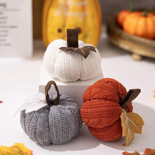 YuuFcy Kürbisse Deko Halloween Deko, wiederverwendbarer gestrickter Kürbis, Niedliche Gestrickte Kürbispuppen, weiche dekorative Ornamente, gehäkelte Kürbisse, Halloween Kürbis Ornamente (3PCS)