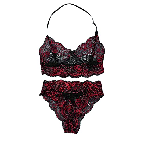 Frauen Sexy Sheer Floral Lace Pyjamas Dessous Set Hohe Taille Nachtwäsche BH Panty 2 Stück Nachtwäsche S XXL Y 3 (Red, XL)