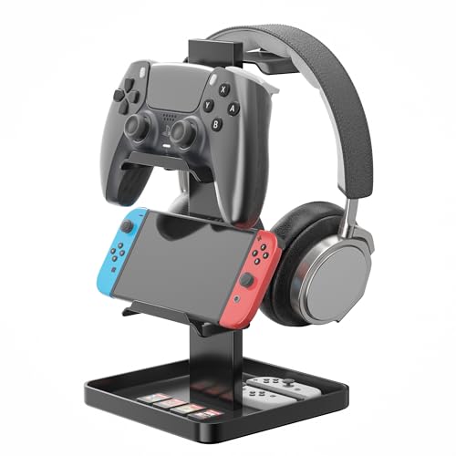 Josmimic Kopfhörerständer & Controller-Halter – Metall-Headset-Halterung mit unterem Stauraum für Kopfhörer, Controller, Switch, iPad, PS4, PS5, und Smartphones