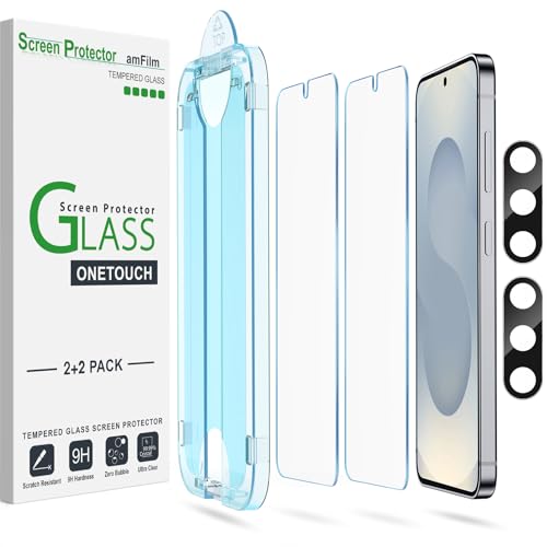 amFilm 2+2 Stück Schutzfolie für Samsung Galaxy S25 Plus 5G, Härte 9H mit Kameraobjektivschutz aus Gehärtetem Glas, Einfachste Installation und Blasenfrei