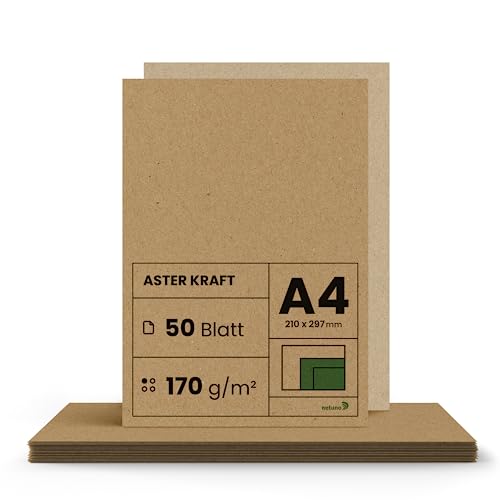Netuno 50x Kraftpapier 170g DIN A4 210 x 297 mm Aster Kraft braunes Kraftpapier a4 Bastelpapier Kraftpapier Karten Vintage Kartonpapier a4 braun für Drucker Natur-Papier craft Kraftpapier Recycling
