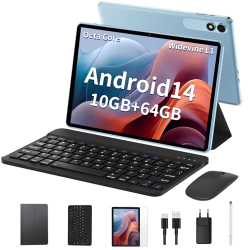 JIKOCXN Tablet 10 Zoll Android14 Tablets, 4GB RAM + 64GB ROM (1TB TF), Octa Core Tablet mit Tastatur, 1280 x 800 FHD Bildschirm, 6000mAh Akku, GPS, WLAN, Bluetooth5.0, Dual Kamera (Blau)