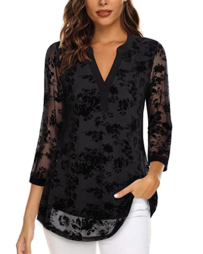 Vafoly Schwarze Blusen für Frauen Elegant Casual Arbeit Oberteile Damen V-Ausschnitt Dressy Tunika Tragen mit Leggings Floral Büro Kleidung Flowy Frühling Beflockte Schwarze Blumen XL