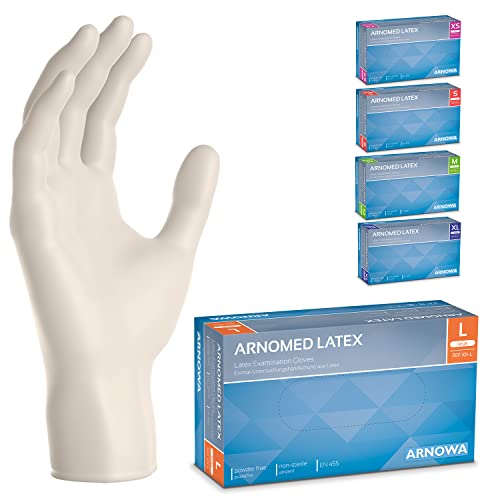 ARNOMED 100x Einweghandschuhe L, Latexhandschuhe Weiß (1x100 Stück), Einweghandschuhe puderfrei, Handschuhe Latex Einweg, Putzhandschuhe, Latex Handschuhe, Einmal-/Einweg-Handschuhe XS, S, M, L & XL