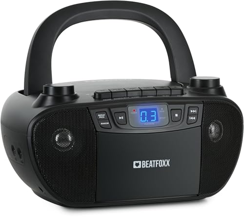 Beatfoxx CDB-1016 BK Boombox mit Kassette, CD-Player, Radio mit Tragegriff - Rekorder mit AUX-Eingang und Kopfhörer-Ausgang - Betrieb über Netzkabel oder 6X Typ C-Batterien - Kinder & Erwachsene