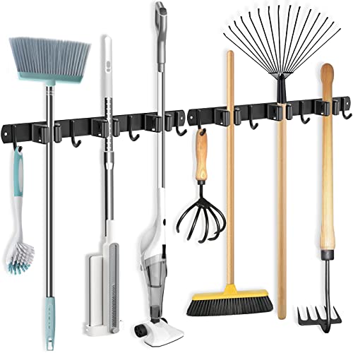 ZcScoery 2 Stück Besenhalterung Wand,Gerätehalter Edelstahl,Besen Mop Halter Wandhalterung,Selbstklebend Werkzeughalter Organizer mit 3 Halter und 4 Haken für Zuhause,Küche,Badezimmer,Garage,Garten