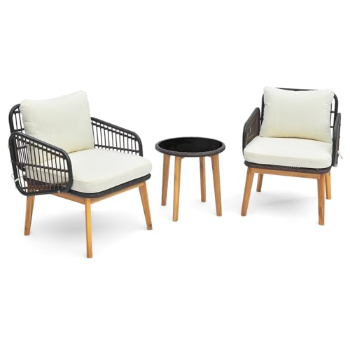 GIANTEX 3 TLG. Gartenmöbel Set, Balkon Terrassenmöbel Polyrattan, Balkontisch Bistrotisch mit Glasplatte, Balkon Möbel Loungemöbel 2 Korbstühlen inkl. Kissen, Balkonset Garten Sitzgruppe Sitzgarnitur