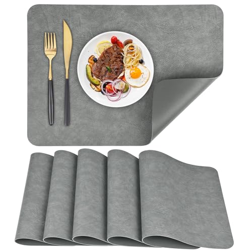 APLKER Platzsets 6er Set, Abwaschbar Tischsets rutschfest, Doppelseitigen Kunstleder Platzdeckchen, Hitzebeständig Platz-Matten für Küche Speisetisch, 40 x 30 cm (Grau, 6pcs)