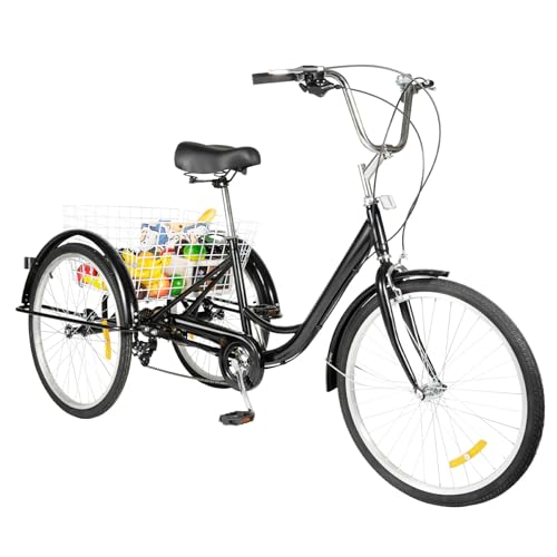 chennnls 26 Zoll 8-Gang Dreirad für Erwachsene, Dreiradfahrrad mit großem Korb, Verstellbarer Sitz Cruiser Trike Rennrad für Männer, Frauen, ältere Menschen(Schwarz Weiß)