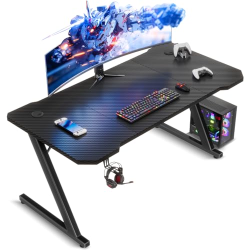 TRIUMPHKEY Gaming Tisch 120 x 60 cm, Gaming Schreibtisch, PC Tisch mit Kopfhörerhaken und Kohlefaserbeschichtung, Ergonomischer Computertisch, Metallgestell, Kohlefaser Schwarz