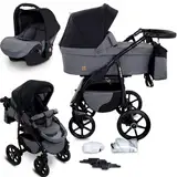 GaGaDumi Boston Kinderwagen 3 in 1 Komplettset mit Autositz - Kombikinderwagen mit großen Rädern - TÜV-zertifiziert - Baby Stroller Set - für Neugeborene und Kleinkinder Grau Schwarz