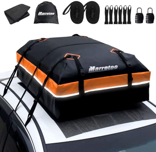 Marretoo 21 Kubikfuß Auto Dachbox Faltbare Wasserdicht Dachtasche Gepäckbox Tasche Aufbewahrungsbox mit a Antirutschmatte, für Fahrzeuge mit/ohne Gepäckträger Gepäcktransport, Vans, SUVs, Orange