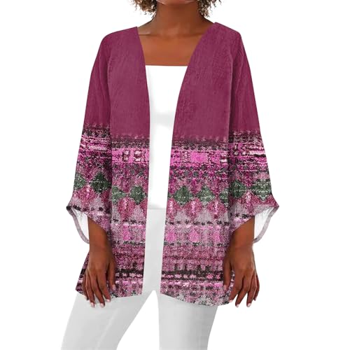 Cardigan Frauen Leinen Light Bedrucken Bauchfrei Sommer Cute Plus Gym Weite Cardigan Unterdamen 3/4 Ärmel Reverskragen Pink