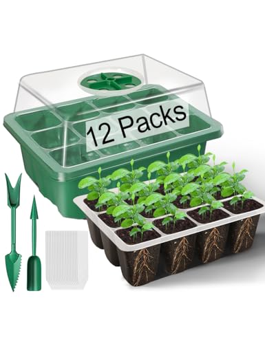 TOYPOPOR 12 Stück Zimmergewächshaus Anzuchtkasten, 144 Mini Gewächshaus Anzucht Set mit erhöhten Deckel, Wiederverwendbar Anzuchtplatte, Setzling Starter Tabletts für Sämlinge - Grün
