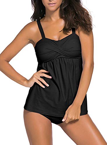 Aleumdr Damen Tankini bauchweg Bademode Set zweiteilig Push up mit Einstellbarer Bikinislip Tankini Top mit Dreieck Unterhosen，Schwarz 3XL