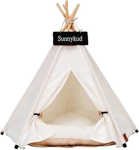 Sunnykud Tipi Zelt für Haustiere Hundezelt Katzenzelt Haustierzelte Häuser mit Kissen Abnehmbar und Waschbar Haustierbett Wegklappen Haustier Hundebett Katzenbett (S:40x40x50cm, weiß)