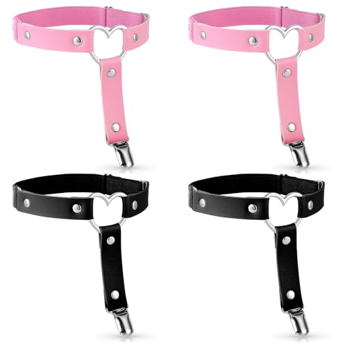 cobee Strumpfband Leder, 4 Stück Verstellbar Elastische Strumpfbänder Leder Bein Strumpfhalter Schwarz Rosa Anti Rutsch Clip Strumpfhalter Gothic Punk Oberschenkelring-Strumpfgürtel Halloween Zubehör