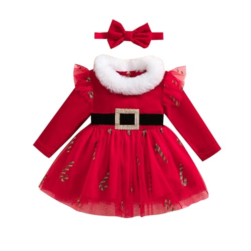 MAHUAOYIXI Baby Mädchen Weihnachten Tüllkleid Weihnachten Prinzessin Spitzenkleid Weihnachtskleider Fürs Baby Mädchen Mit Stirnband Langarm Rüschen Weihnachtskleid Mit Gürtel (Rot, 12-18 Months)