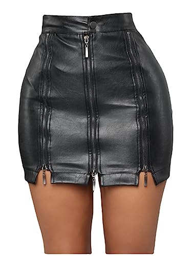 HEARTTOUCH Damen Sexy Rock Hohe Taille PU Leder Bleistiftröcke Slim Kunstleder Minirock Stretch Lederrock Bodycon Röcke Gogo Clubwear (A Schwarz,XL,XL)