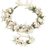 Blumenkranz Blume Krone Stirnband, Rose Braut Haarschmuck mit Armband-Set, GuKKK Blumenstirnband Verstellbarer Gürtel, Haarbänder Floral Girlande, für Damen Hochzeit Zeremonie Festival Party Strand