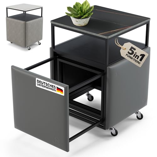 Heimtrend 5 in 1 Cube Schwarz - Sitzhocker 4er-Set mit Beistelltisch - Rollen [Klappbar] Platzsparend | Sitzwürfel Stühle Pouf Stauraum - Wohnzimmer Esszimmer Schlafzimmer - Jetzt Hocker Wählen