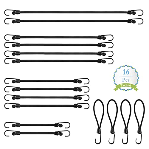 Ticeed 16 Pcs Spanngummi mit Haken Verschiedene Universalgrößen Gummiseil Gepäckspanner Extra Stark Spanngurte Expander Set für Tarps Fahrräder Motorräder Auto Ladung Camping Outdoor (Schwarz)