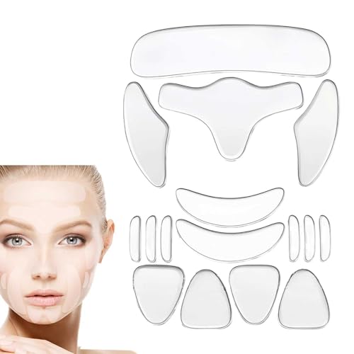 Gesichtsfaltenentferner Streifen Set+16-teilig Silikon Anti-Falten Pads+Wiederverwendbar & Hautfreundlich+Für Stirn Nase Mund Kinn+Transparent