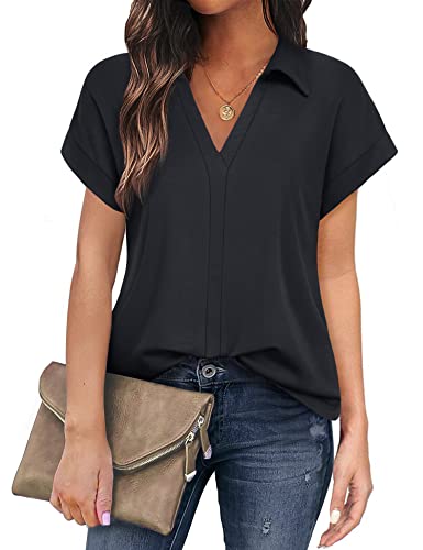 Sommerbluse Damen Leicht Locker Oberteile Sommer Elegant Tunika Shirt Schick Longshirt Kurzarm für Leggings,Schwarze Bluse Arbeit Kleidung Business Casual Oberteil